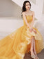 Yellow Unique High Low Tulle With Lace Prom Dress, Yellow Formal Dress Evening Dress