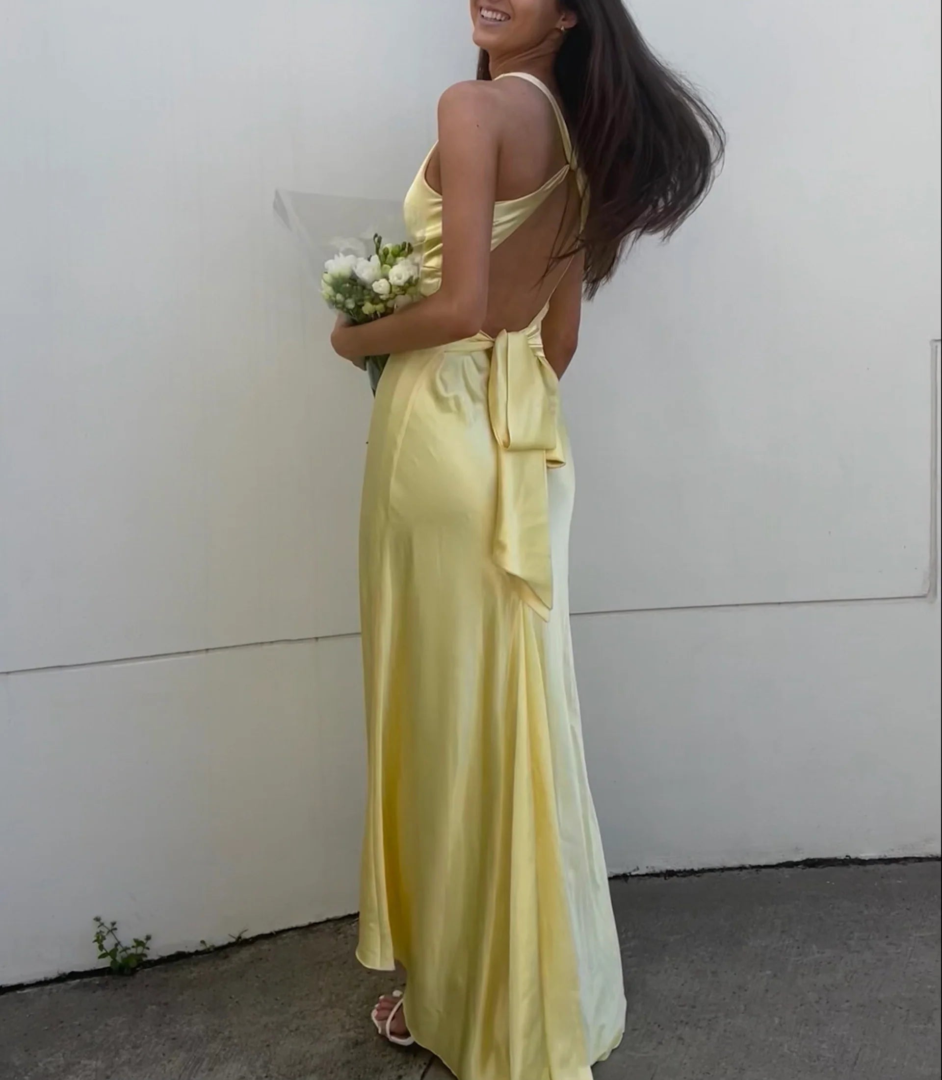 Yellow V-Neck Backless Fashion Elegant Long Satin Ball Gown Evening Dr – Frisco Dresses