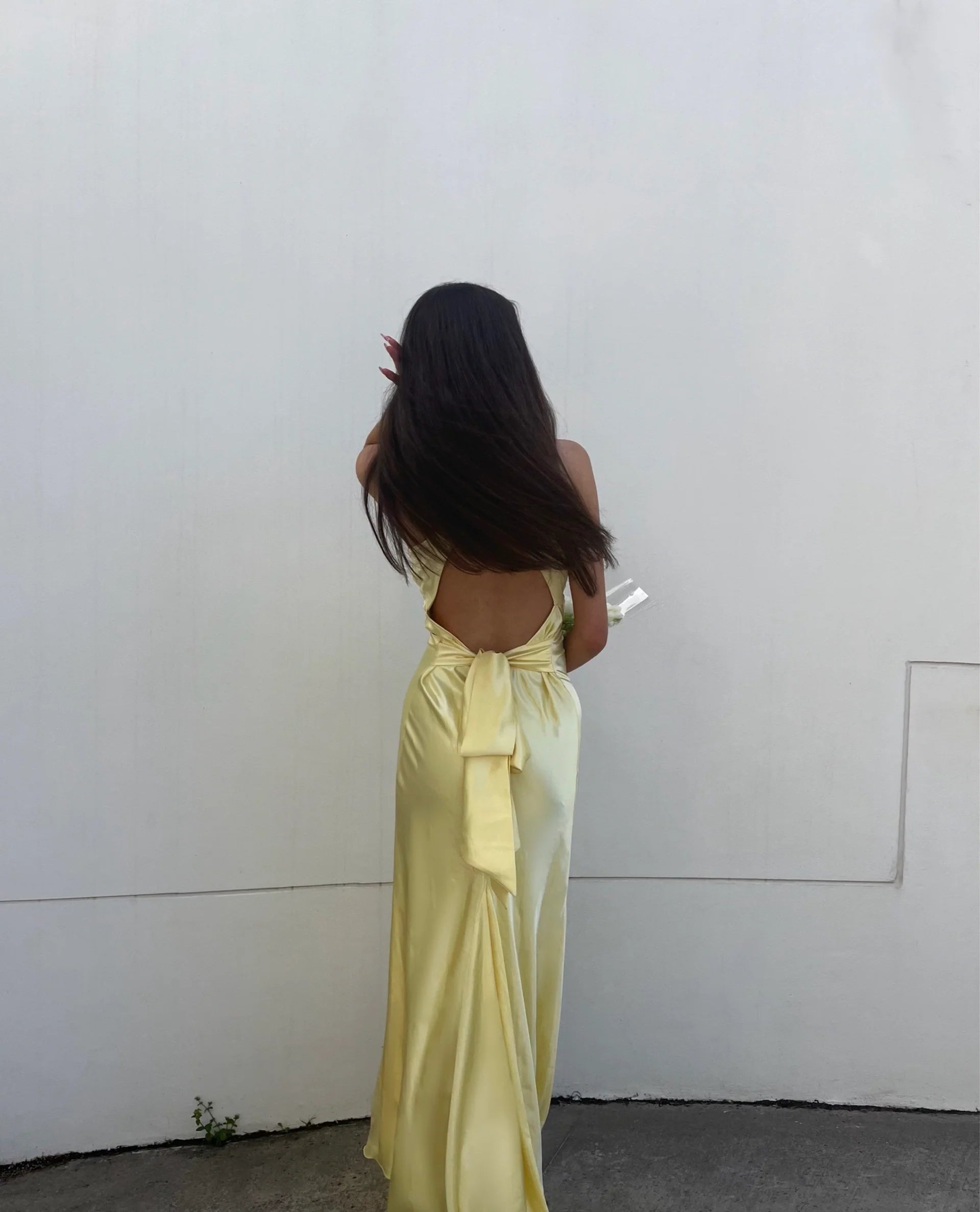 Yellow V-Neck Backless Fashion Elegant Long Satin Ball Gown Evening Dress Wedding Guest Party Dress