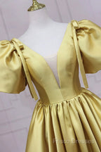 Yellow V-Neck Satin Long Formal Prom Dress, A-Line Puff Sleeves Formal Party Dress