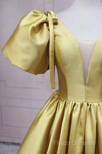 Yellow V-Neck Satin Long Formal Prom Dress, A-Line Puff Sleeves Formal Party Dress