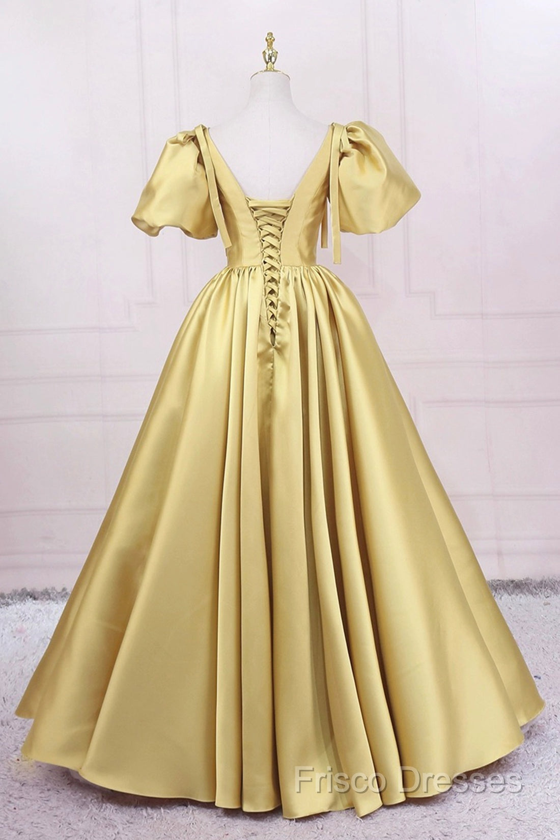 Yellow V-Neck Satin Long Formal Prom Dress, A-Line Puff Sleeves Formal Party Dress