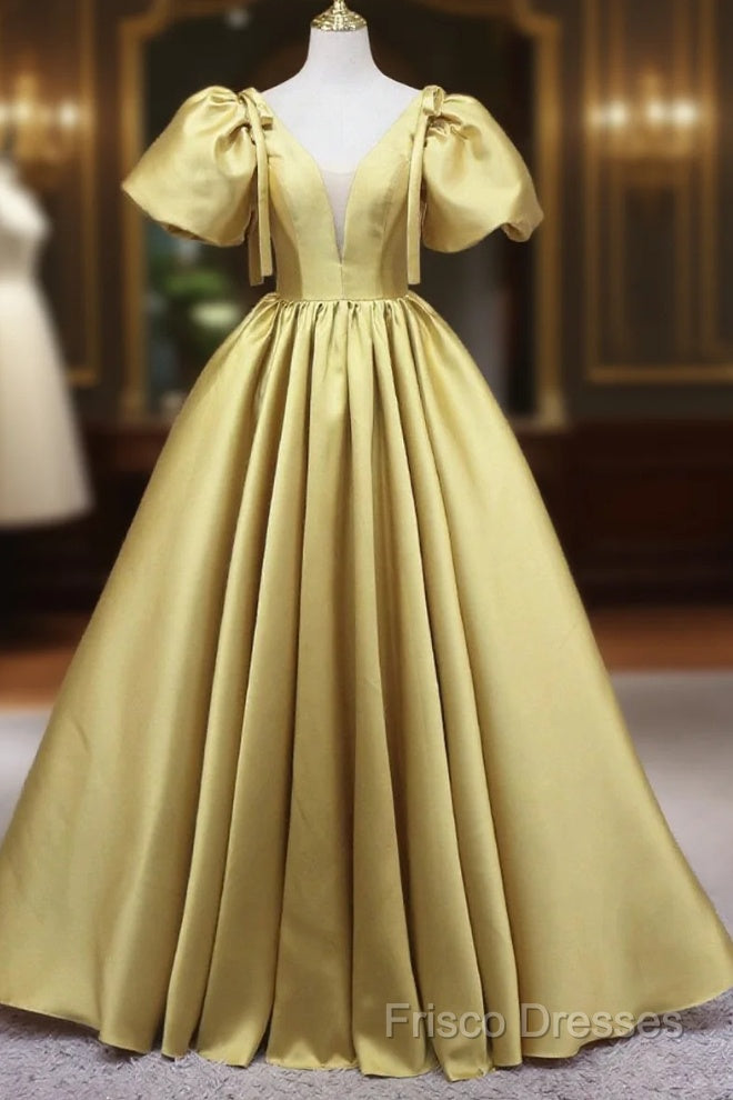 Yellow V-Neck Satin Long Formal Prom Dress, A-Line Puff Sleeves Formal Party Dress Main image