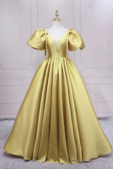 Yellow V-Neck Satin Long Prom Dress, A-Line Puff Sleeves Evening Party Dress