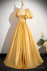 Yellow V-Neck Satin Long Prom Dress, Yellow A-Line Short Sleeve Evening Dress