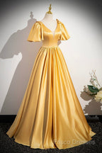 Yellow V-Neck Satin Long Formal Prom Dress, Yellow A-Line Short Sleeve Formal Dress