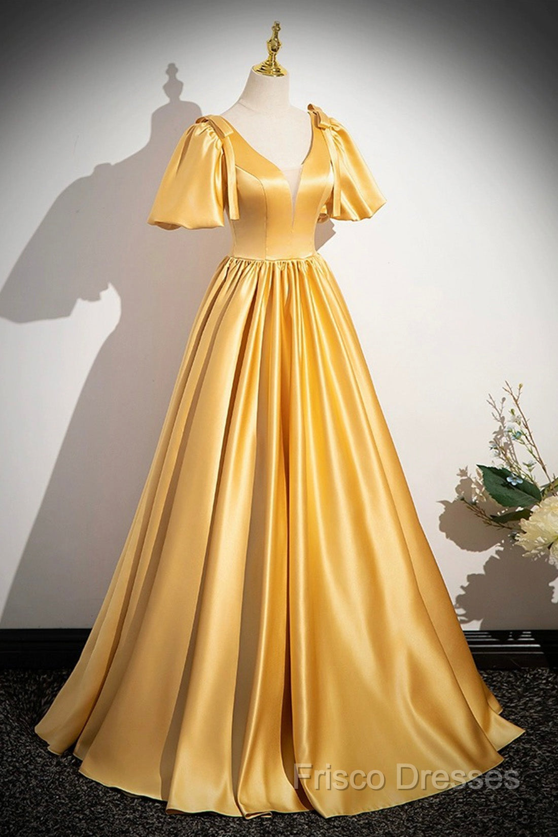 Yellow V-Neck Satin Long Formal Prom Dress, Yellow A-Line Short Sleeve Formal Dress