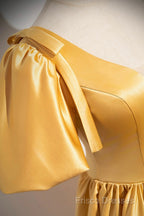 Yellow V-Neck Satin Long Formal Prom Dress, Yellow A-Line Short Sleeve Formal Dress