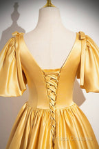 Yellow V-Neck Satin Long Formal Prom Dress, Yellow A-Line Short Sleeve Formal Dress