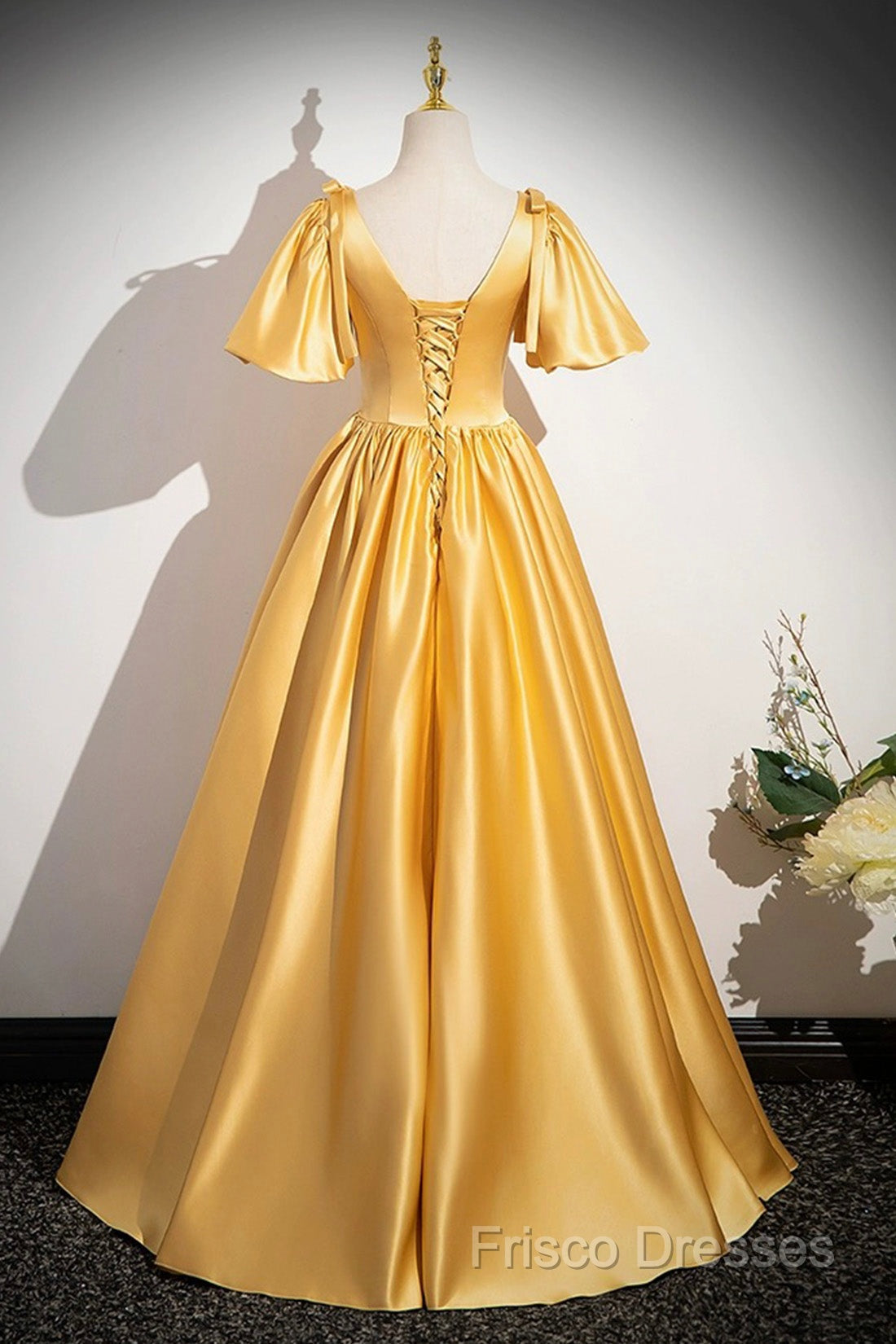 Yellow V-Neck Satin Long Formal Prom Dress, Yellow A-Line Short Sleeve Formal Dress