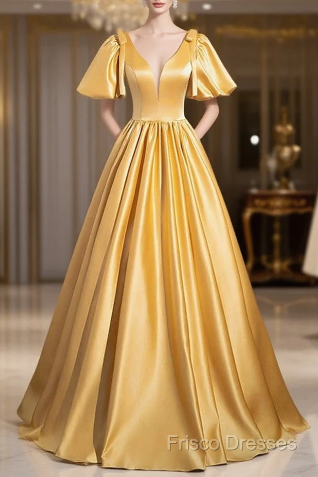 Yellow V-Neck Satin Long Formal Prom Dress, Yellow A-Line Short Sleeve Formal Dress