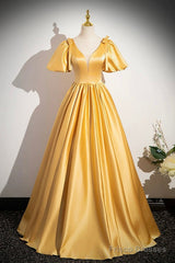 Yellow V-Neck Satin Long Prom Dress, Yellow A-Line Short Sleeve Evening Dress