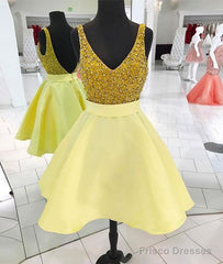 Yellow V Neck Sequin Short Prom Dress, Homecoming Dress