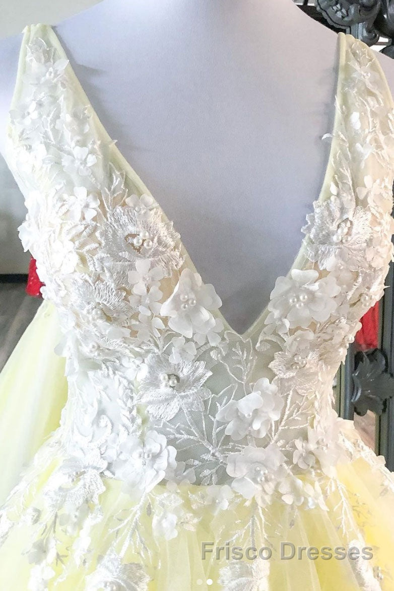 Yellow v neck tulle lace long Formal Prom Dresses yellow formal Dresses