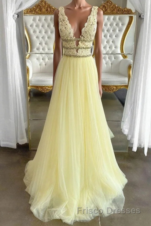 Yellow v neck tulle lace long Formal Prom Dresses, yellow tulle lace evening Dresses