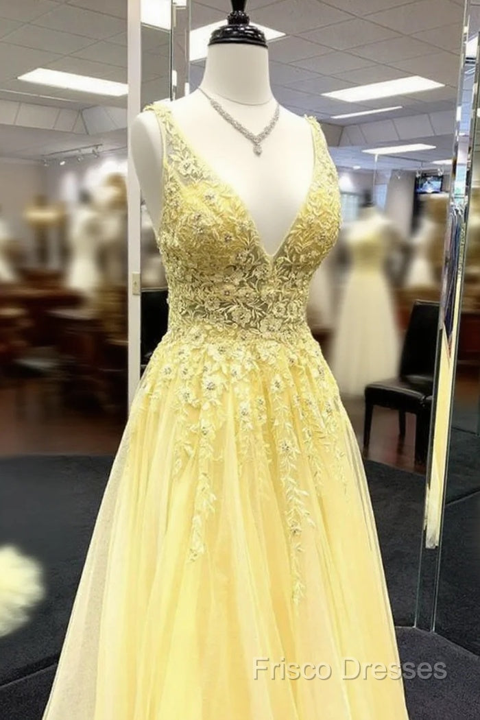 Yellow V Neck Tulle Lace Formal Prom Dress Formal Dress Main image
