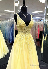 Yellow V Neck Tulle Lace Prom Dress Evening Dress