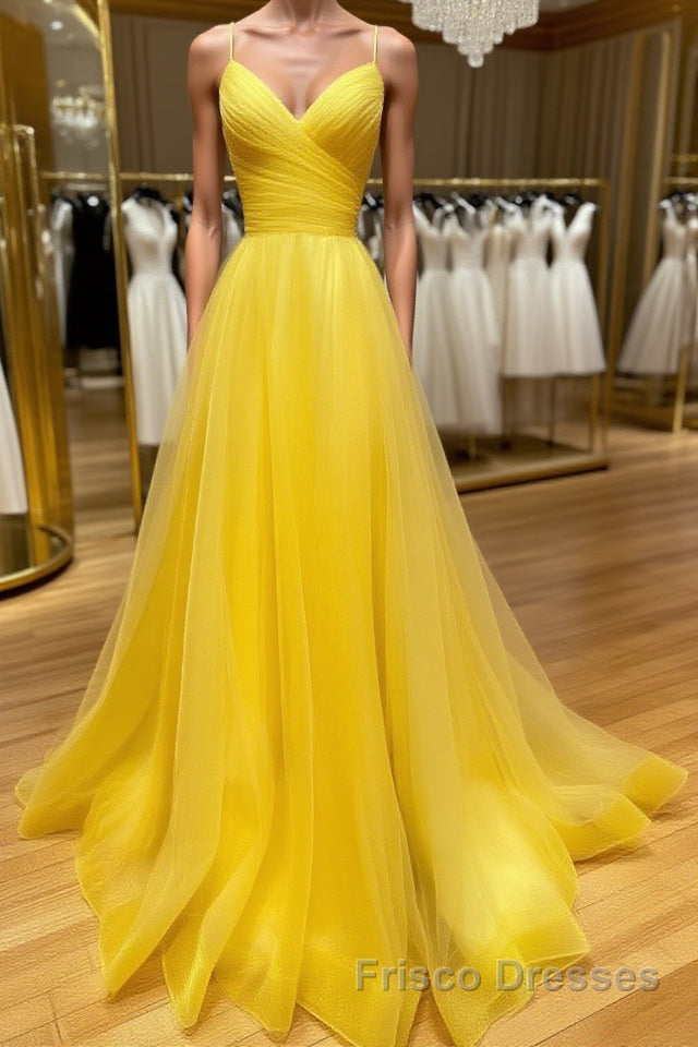 Yellow v neck tulle long Formal Prom Dresses yellow formal Dresses Main image