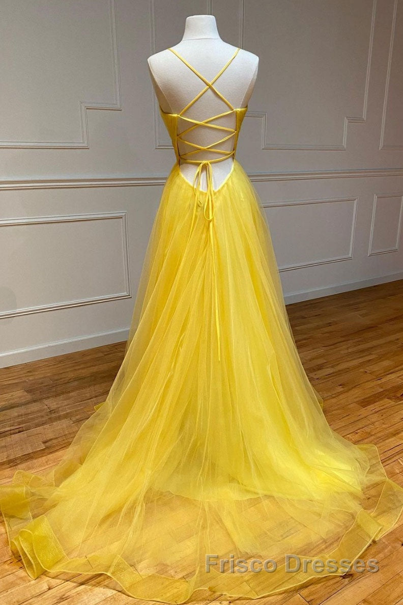 Yellow v neck tulle long Formal Prom Dresses yellow formal Dresses