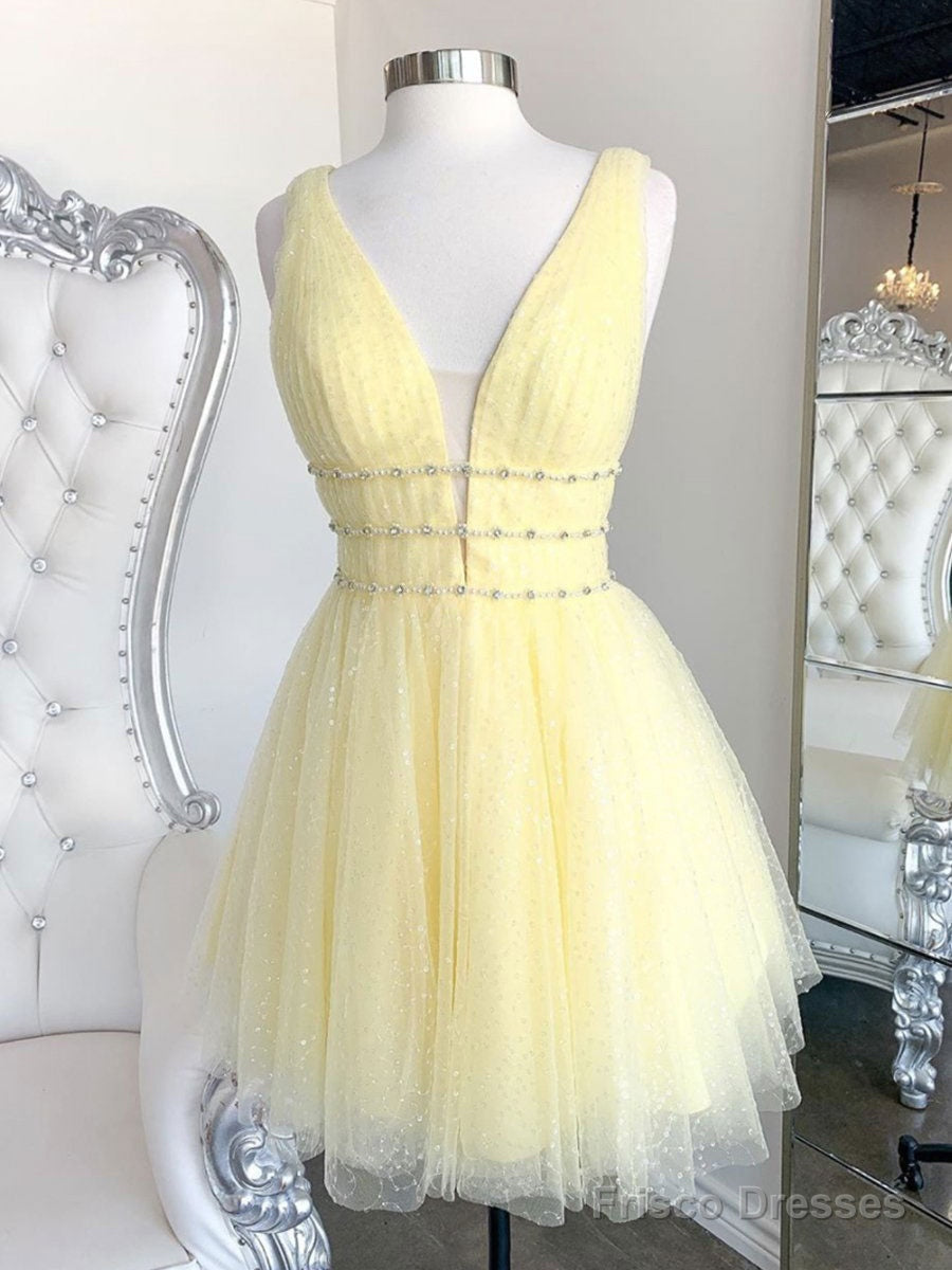 Yellow V Neck Tulle Sequin Short Prom Dress Yellow Formal Dress Main image