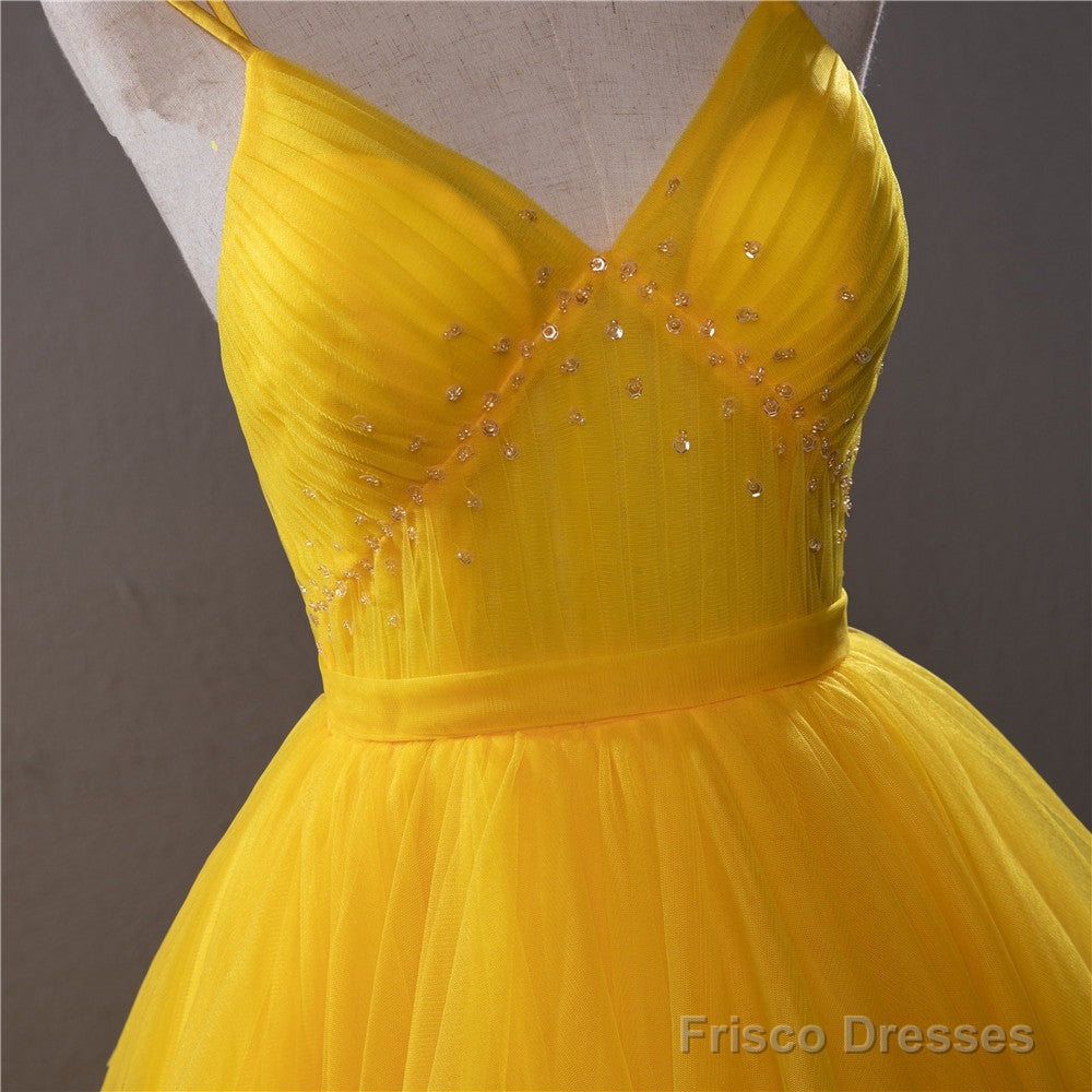 Yellow V-Neckline Straps Tulle Beaded Long Party Dress, Yellow Formal Dress Prom Dress