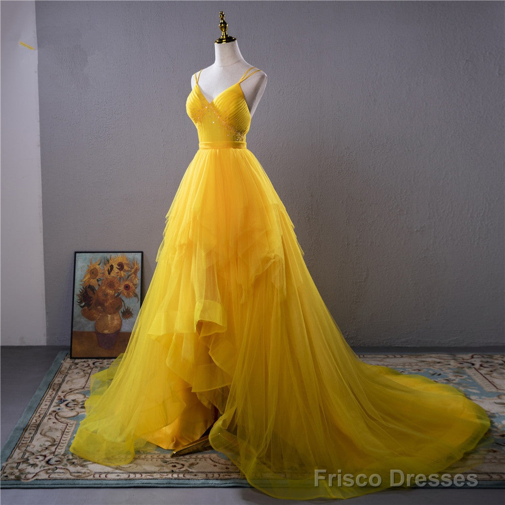 Yellow V-Neckline Straps Tulle Beaded Long Party Dress, Yellow Formal Dress Prom Dress