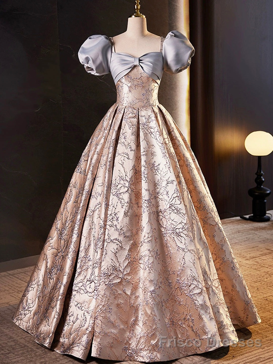 Stylish Floor-Length Printing Prom Dresses, A-Line Short Sleeve Backless Evening Formal Dresses