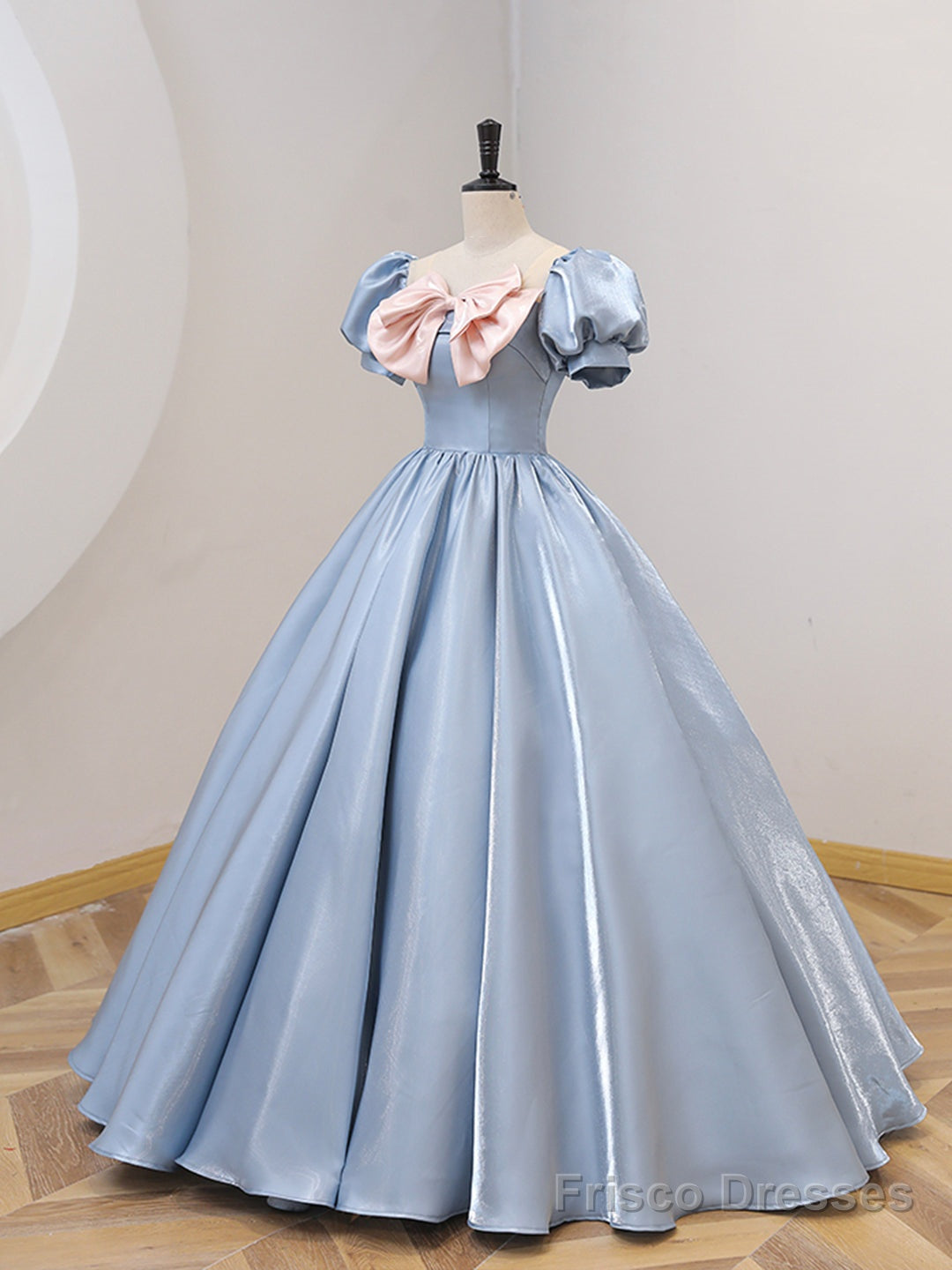 Blue Satin Floor Length Prom Dress with Bow, Blue A-Line Evening Formal Dress Secondary image