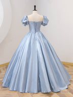 Blue Satin Floor Length Prom Dress with Bow, Blue A-Line Evening Formal Dress