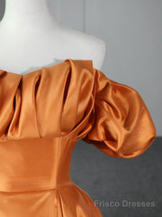 Orange Floor Length Satin Long Prom Dress, Off the Shoulder Evening Party Dress