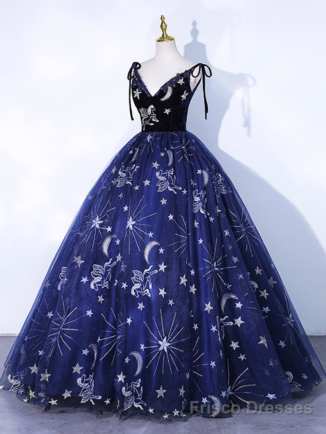 Navy Blue Tulle Long Prom Dress, Spaghetti Straps Lace Flower Backless Evening Dress Main image