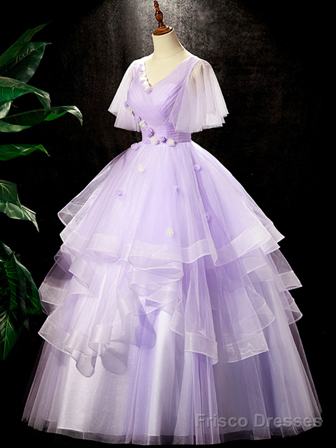 Fairy Purple Floral Floor Length Prom Dress, Beautiful V-Neck Party Birthday Dress Secondary image