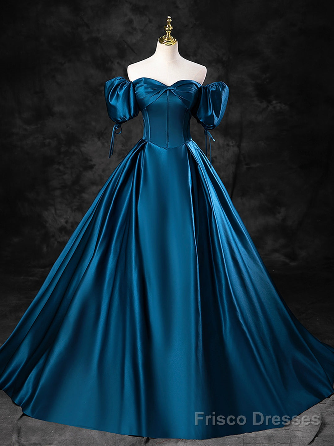 Blue Satin Off the Shoulder Floor Length Prom Dress, Blue A-Line Party Dress