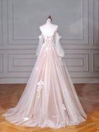 Champagne Tulle Lace Sweetheart Neck Long Formal Dress, A-Line Puff Sleeves Party Dress