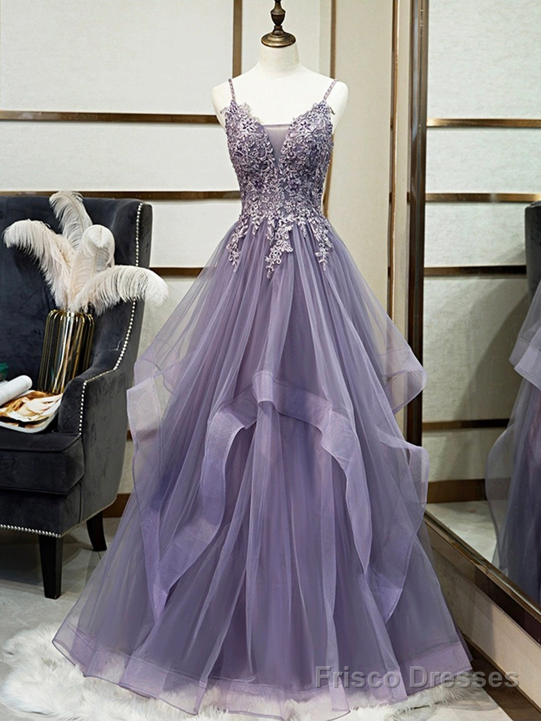 Purple Spaghetti Straps Lace Prom Dress, Lovely Tulle Corset Floor Length Evening Dress Main image