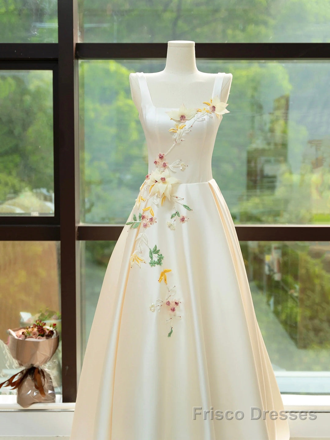 Elegant Satin Floor Length Formal Dress with 3D Flowers, Light Champagne A-Line Evening Party Dress Secondary image
