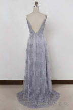 Spaghetti Straps Long Lace Formal Prom Gown, A Line V Neck Sleeveless Formal Prom Dress