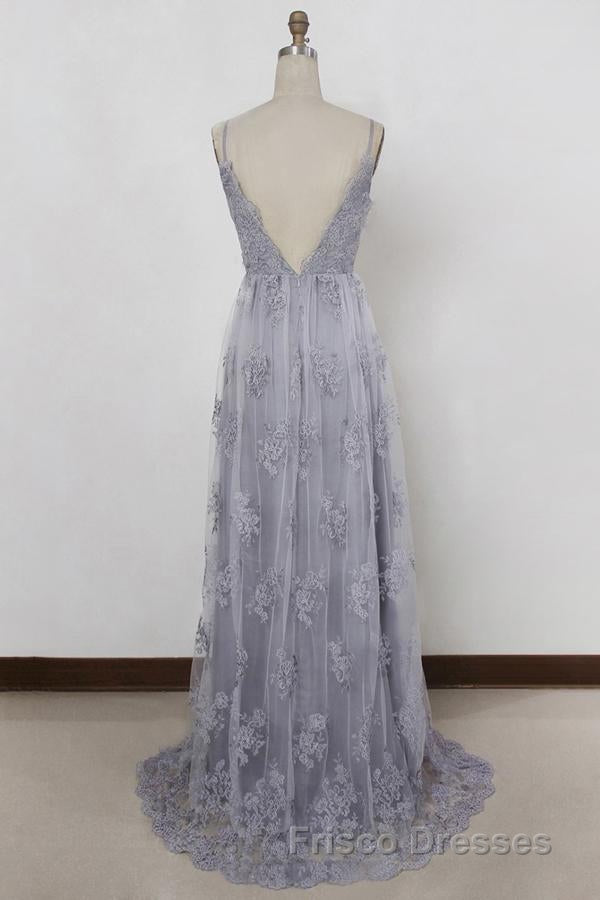 Spaghetti Straps Long Lace Formal Prom Gown, A Line V Neck Sleeveless Formal Prom Dress