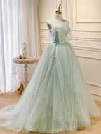 Zoom Light Green Tulle Beaded Sweetheart Long Formal Prom Dress, A-Line Green Formal Dress
