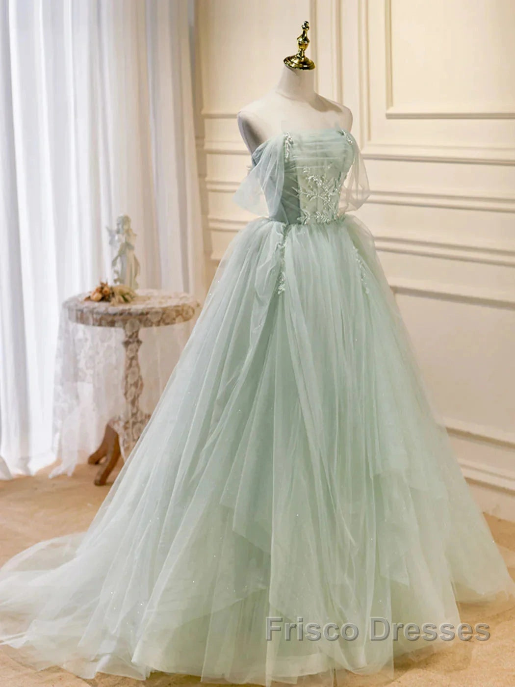 Zoom Light Green Tulle Beaded Sweetheart Long Formal Prom Dress, A-Line Green Formal Dress