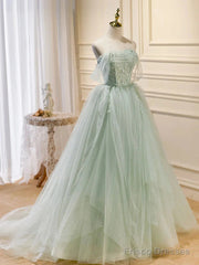 Zoom Light Green Tulle Beaded Sweetheart Long Prom Dress, A-Line Green Formal Dress