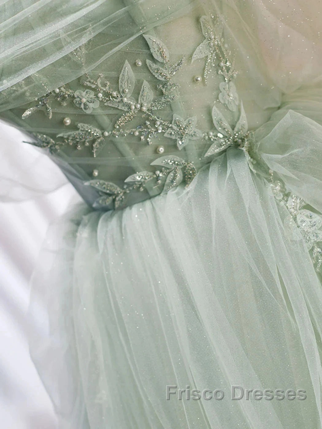 Zoom Light Green Tulle Beaded Sweetheart Long Formal Prom Dress, A-Line Green Formal Dress