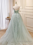 Zoom Light Green Tulle Beaded Sweetheart Long Formal Prom Dress, A-Line Green Formal Dress