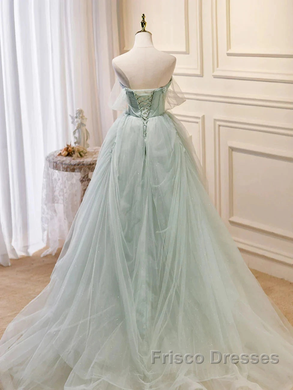 Zoom Light Green Tulle Beaded Sweetheart Long Formal Prom Dress, A-Line Green Formal Dress