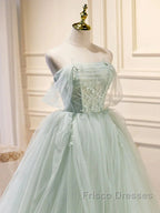 Zoom Light Green Tulle Beaded Sweetheart Long Formal Prom Dress, A-Line Green Formal Dress