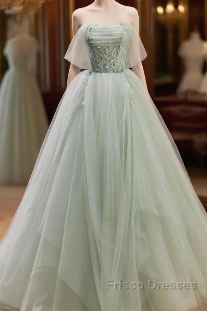 Zoom Light Green Tulle Beaded Sweetheart Long Formal Prom Dress, A-Line Green Formal Dress