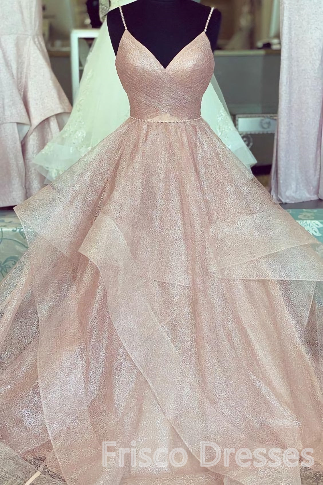 A Line Rose Gold Pleated Bodice Ruffled Long Prom Dresses