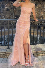 Pink Strapless Lace Long Prom Dress with Slit