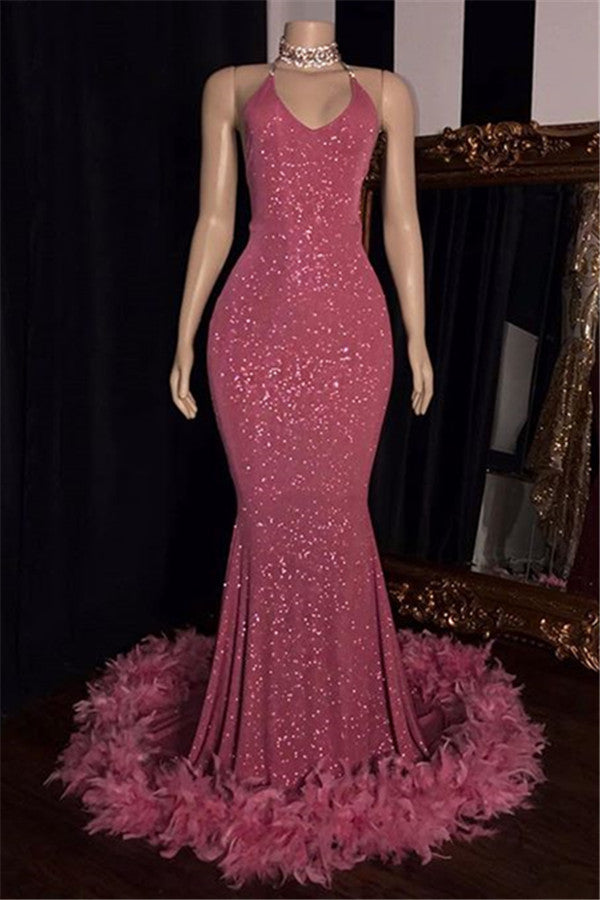 2024 Charming Mermaid Prom Dresses, Hot Pink Sequence With Feathers Halter Backless