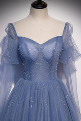 Blue Tulle Beading Long Prom Dresses, A-Line Formal Evening Dresses